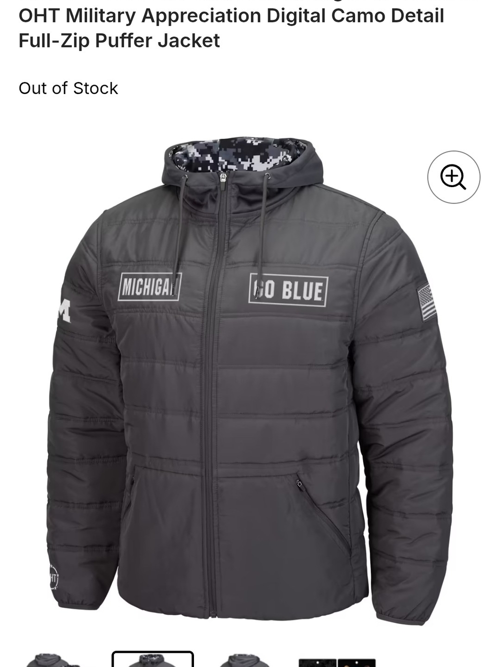 Michigan Go Blue Charcoal Puffer Jacket with Hood